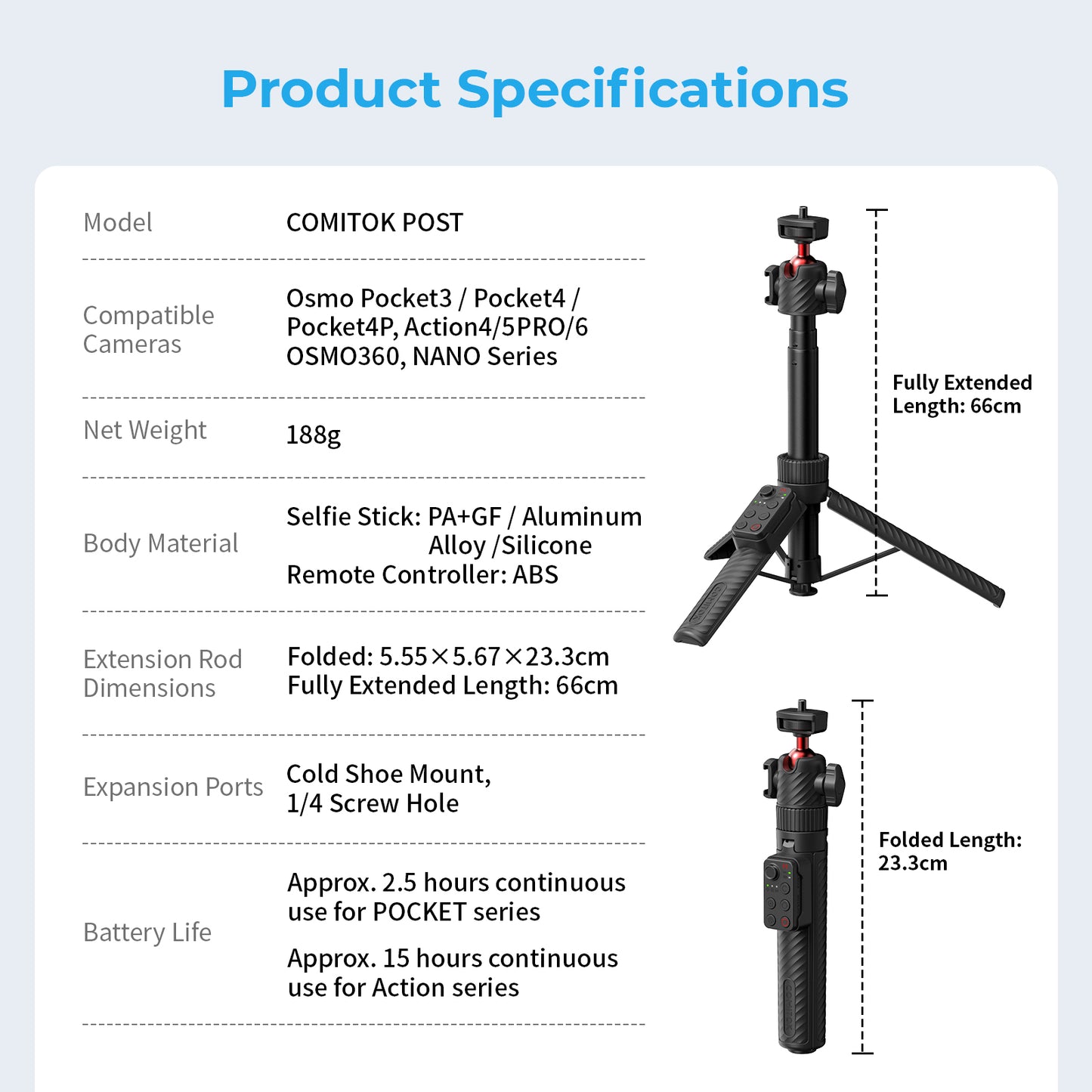 COMITOK POST Selfie Stick with Remote for DJI Pocket 3/4/4P