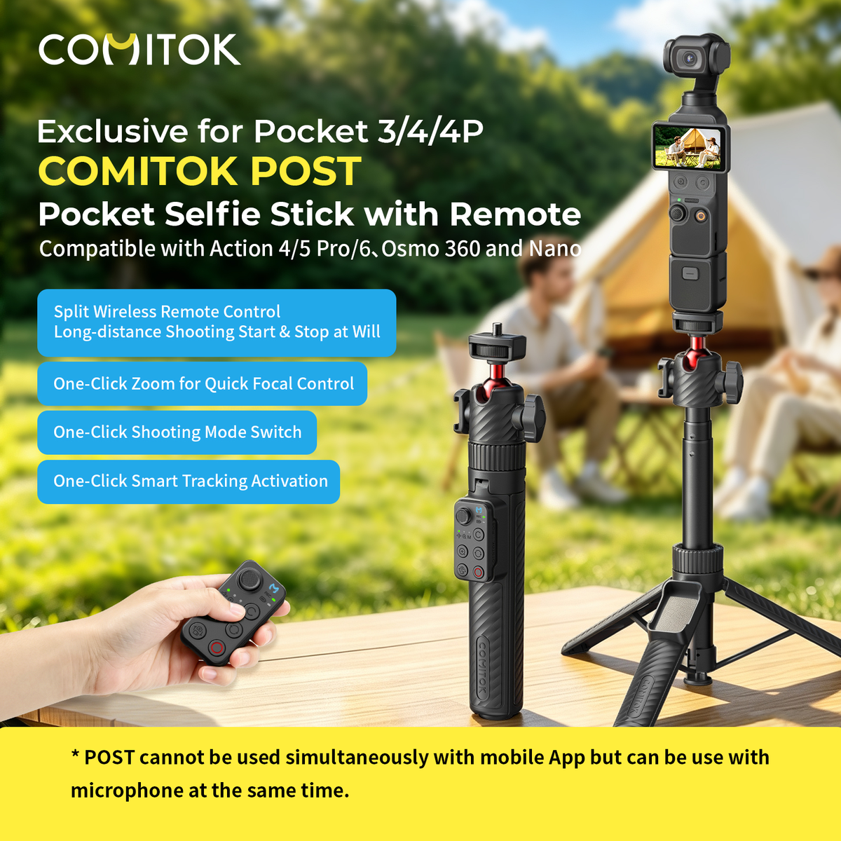 Upgrade COMITOK POST Selfie Stick with Remote for DJI Pocket 3/4/4P