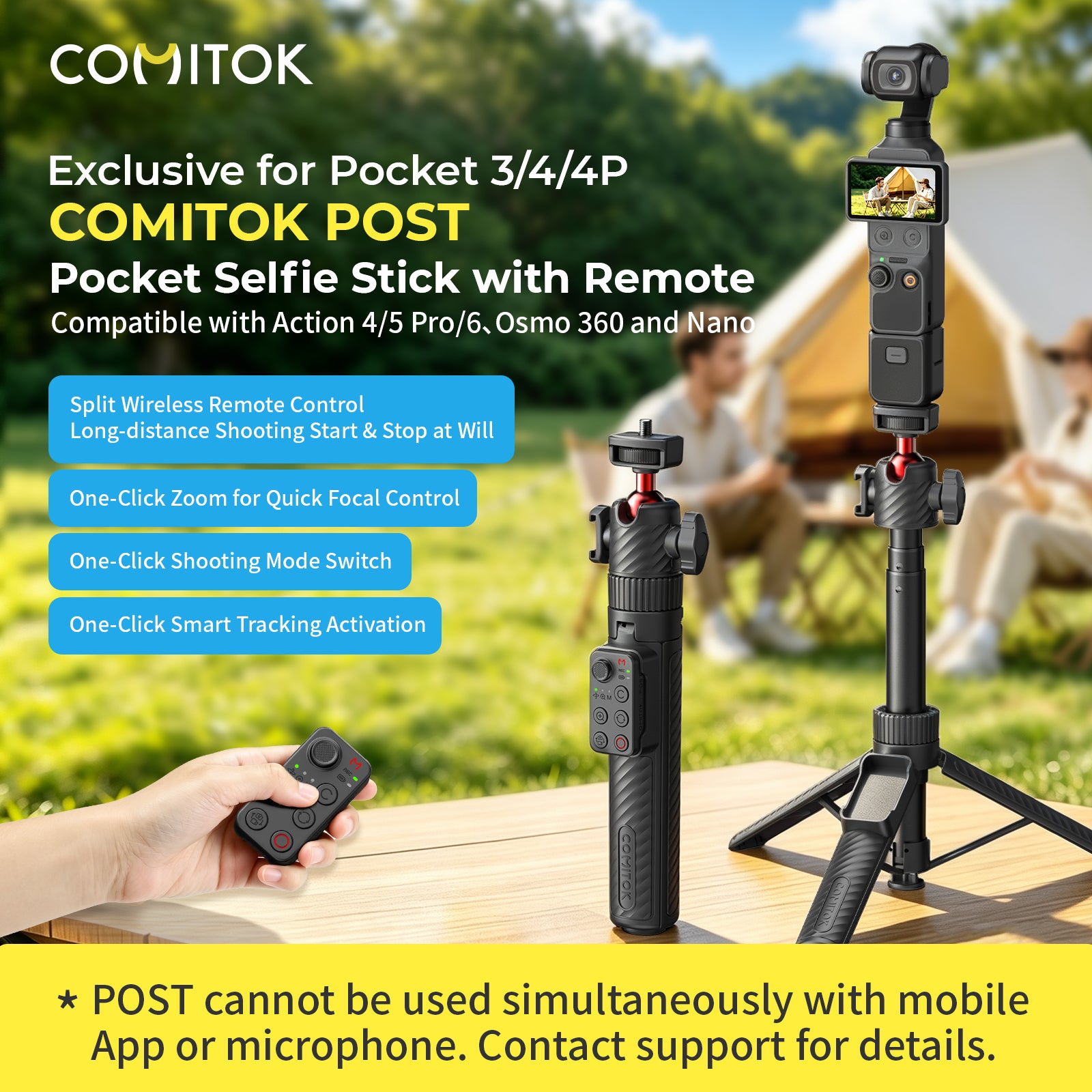 COMITOK POST Selfie Stick with Remote for DJI Pocket 3/4/4P