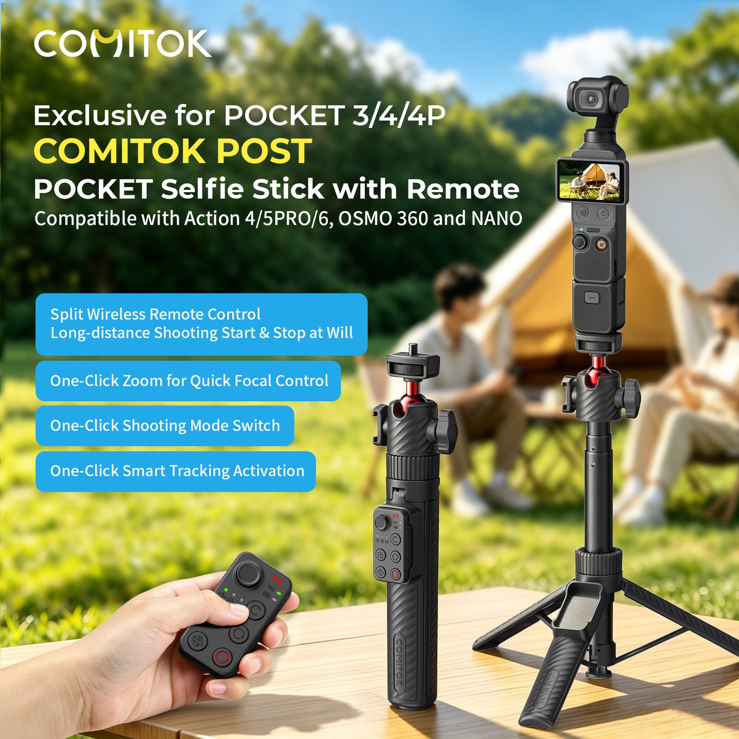 COMITOK POST Selfie Stick with Remote for DJI Pocket 3/4/4P