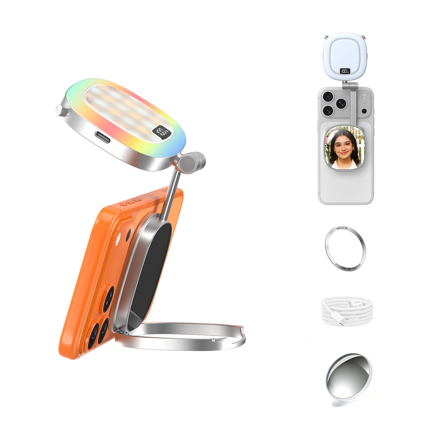 Magnetic RGB Fill Light Built-in Stand and Make-up Mirror with Viewfinder Mirror