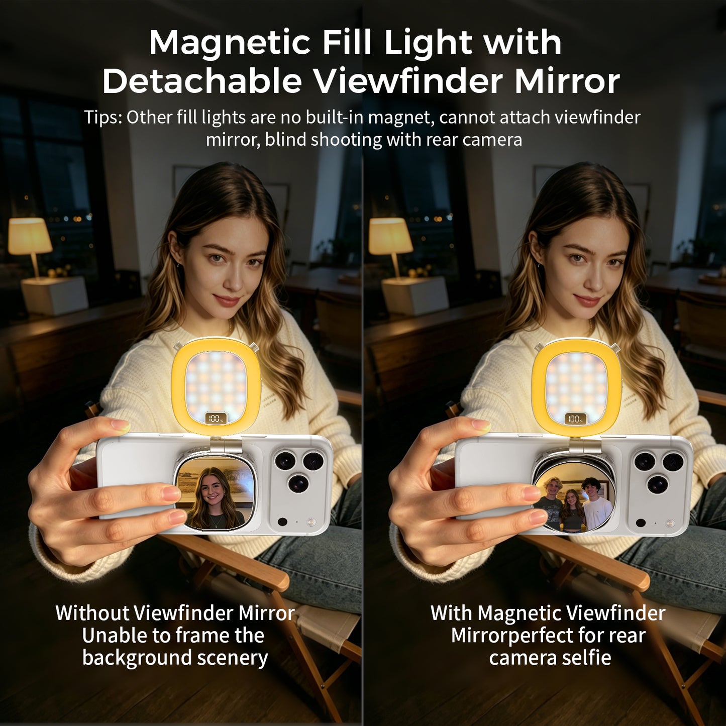 Magnetic RGB Fill Light Built-in Stand and Make-up Mirror with Viewfinder Mirror