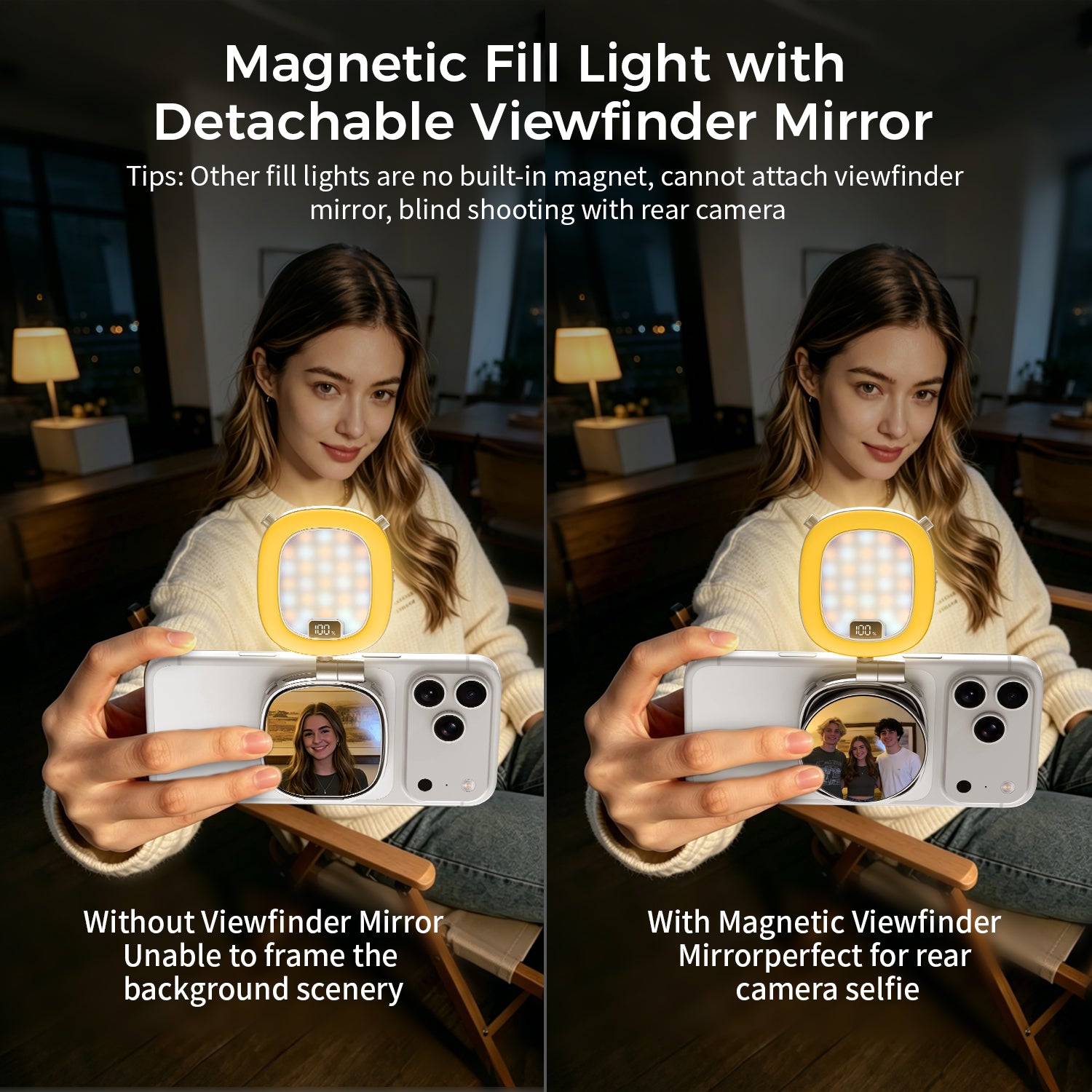 Magnetic RGB Fill Light Built-in Stand and Make-up Mirror with Viewfinder Mirror